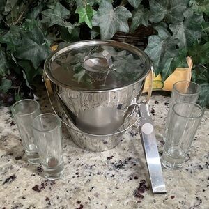 Oggi Elegant Stainless Steel Ice Bucket Set w Tongs and 4 highball glasses NEW